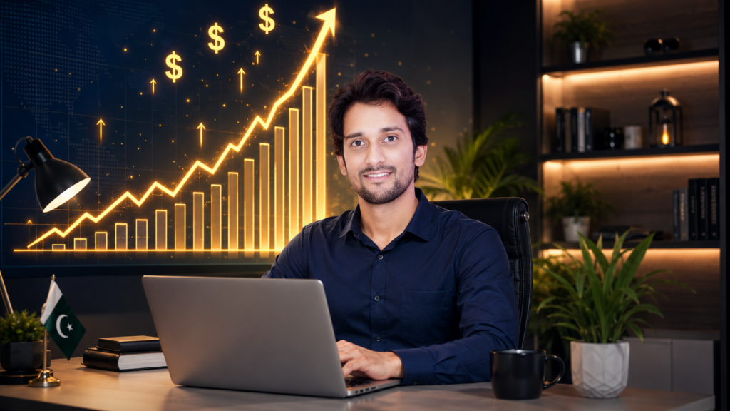 Is freelancing in pakistan dying or thriving 2026 – Image 5 A Pakistani freelancer confidently working on his laptop showing an upward growth graph representing the thriving freelancing market in 2026