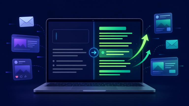 A business owner using AI on laptop to write high-converting marketing copy for ads emails and social media