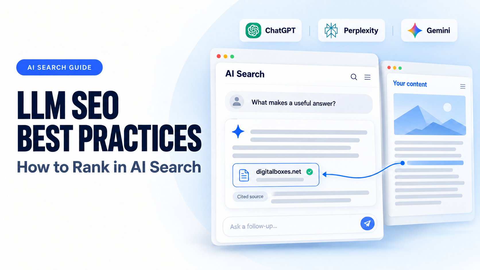 LLM SEO best practices guide showing how to rank in ChatGPT Perplexity and Gemini AI search