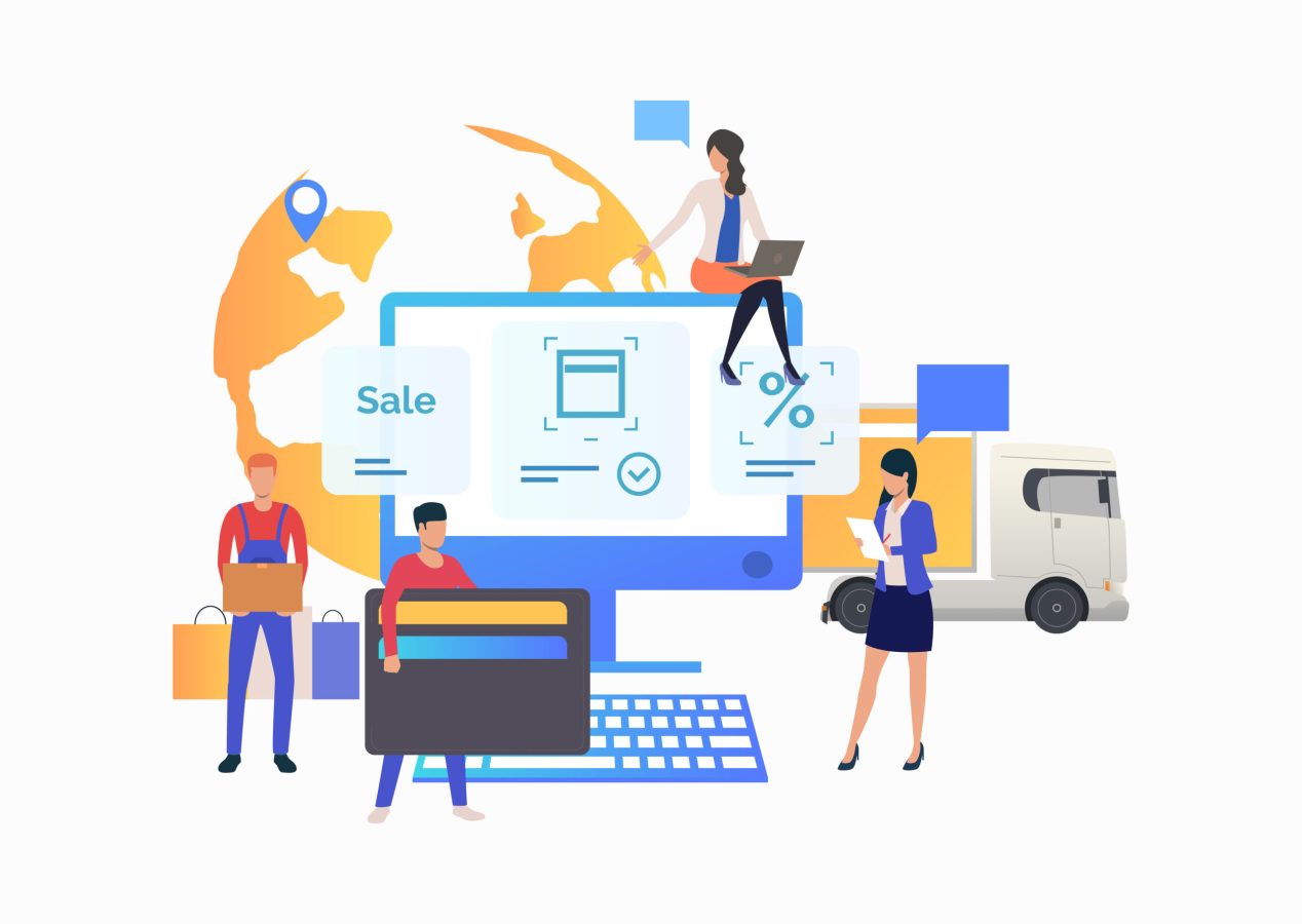 Team of online store working with customer. Buying, marketing, consulting, delivery. Online shop concept. Vector illustration can be used for topics like sale, shopping, purchasing