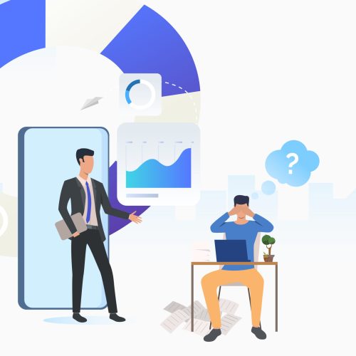 Business consultant and puzzled man working on laptop. Planning, marketing, information concept. Vector illustration can be used for topics like business, analysis, consulting