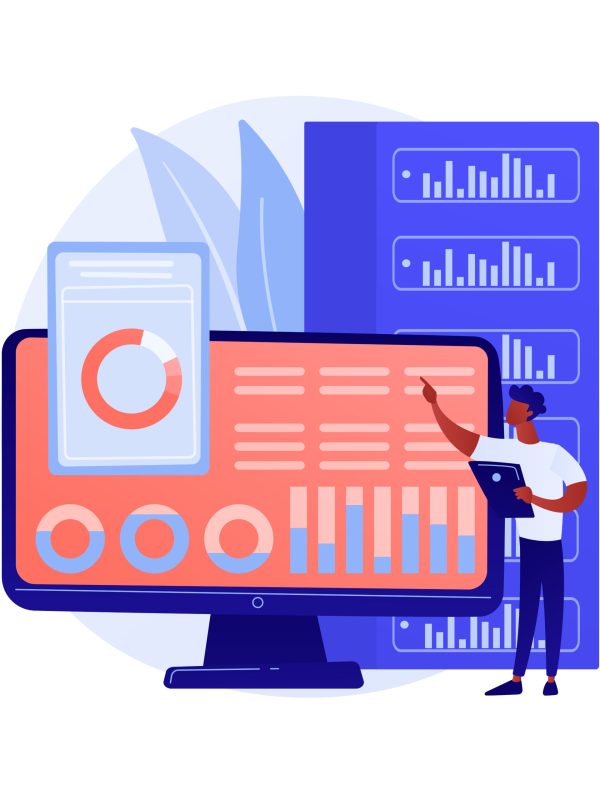Dashboard analytics. Computer performance evaluation. Chart on screen, statistics analysis, infographic assessment. Business report on display. Vector isolated concept metaphor illustration.